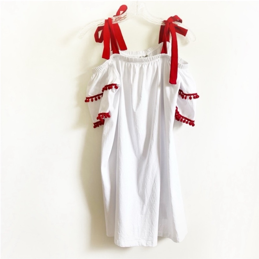 ASOS dress white red off the shoulder pom poms ties mini shift